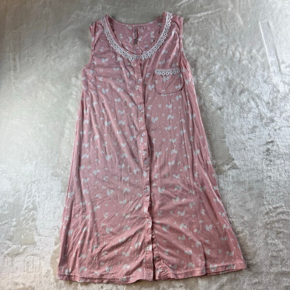 Body Touch Pink w/ White Leaves Nightgown Women's Small Sleepwear